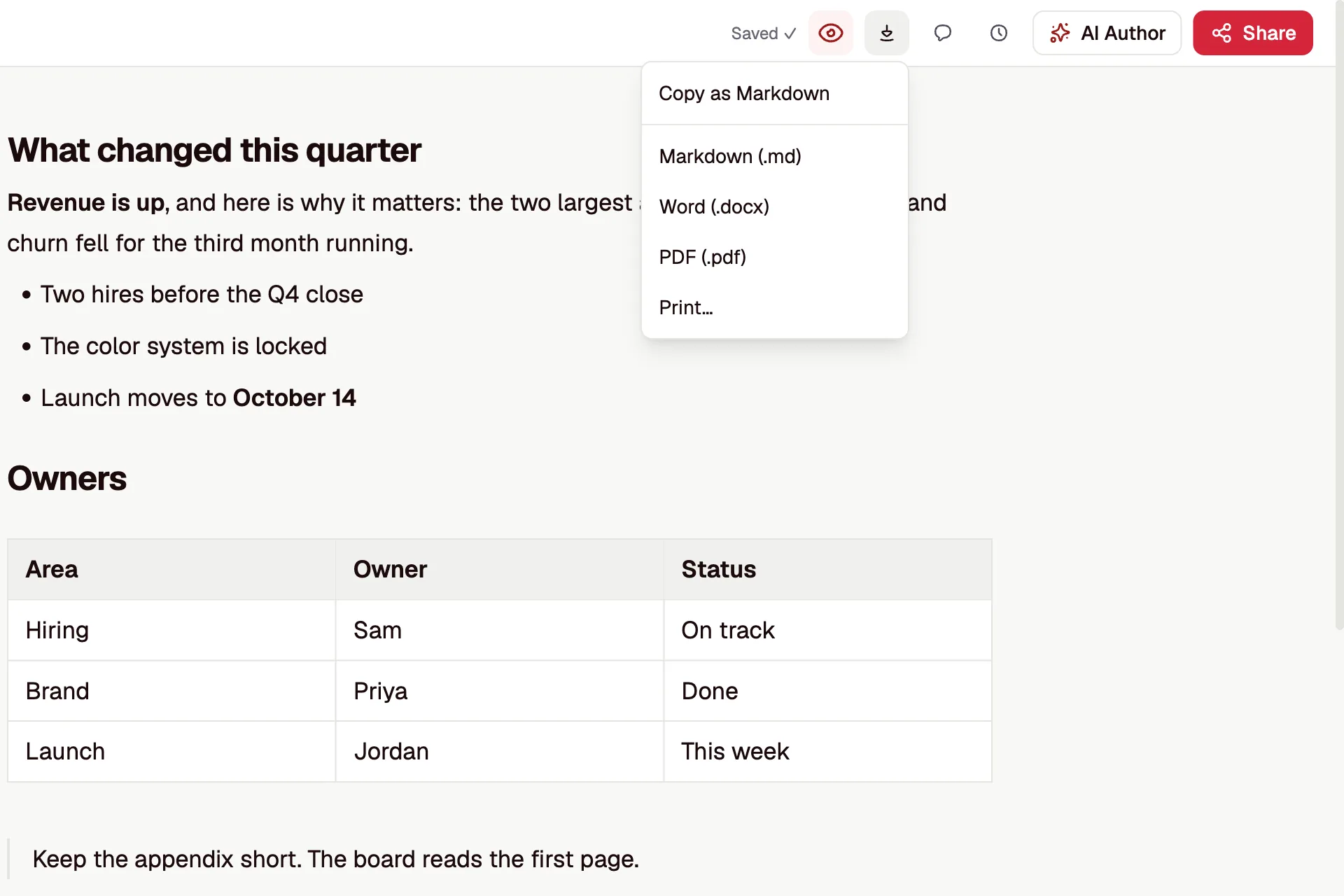 The export menu with Copy as Markdown, Markdown, Word, PDF and Print options.