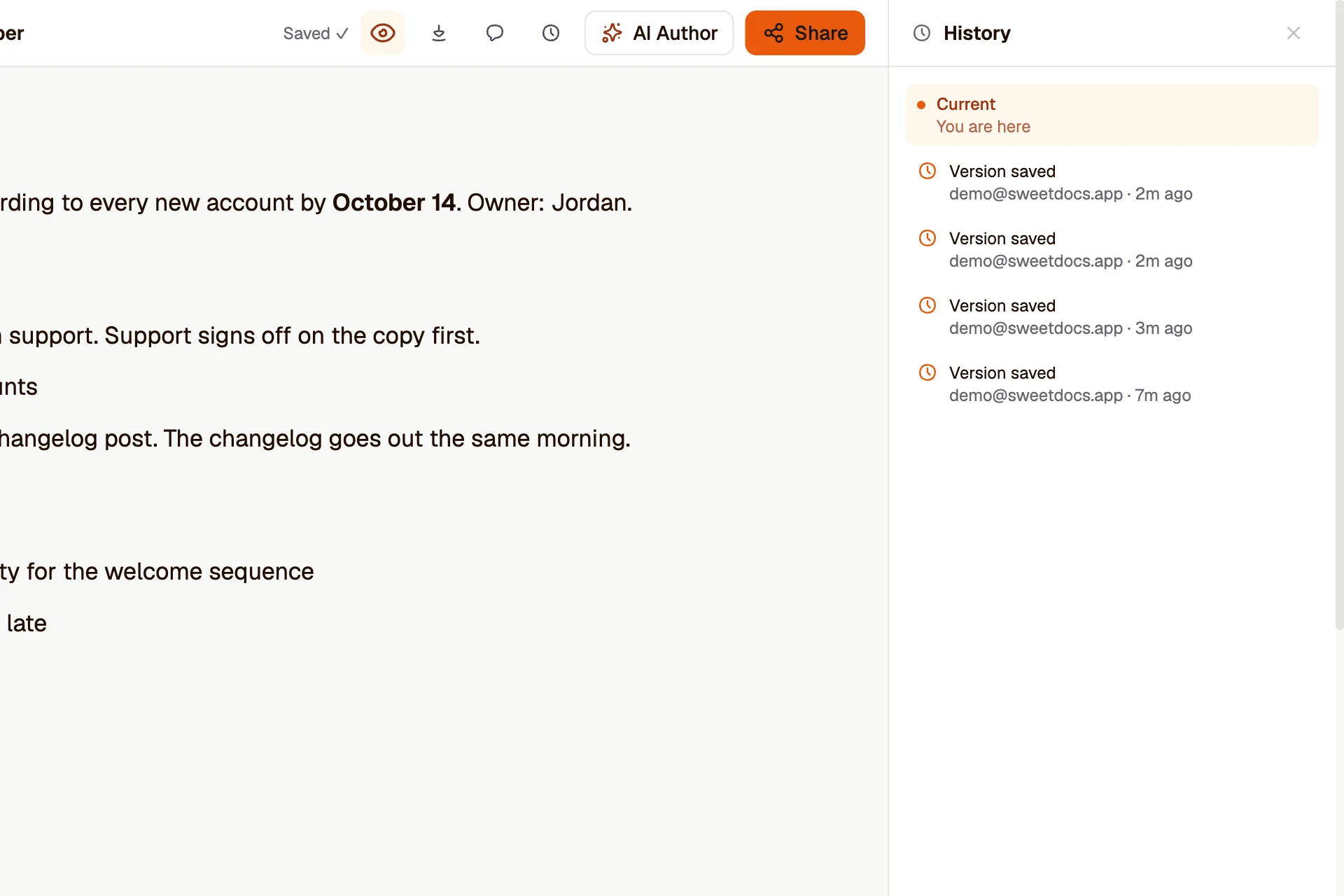 The version history panel listing earlier saves of a document.