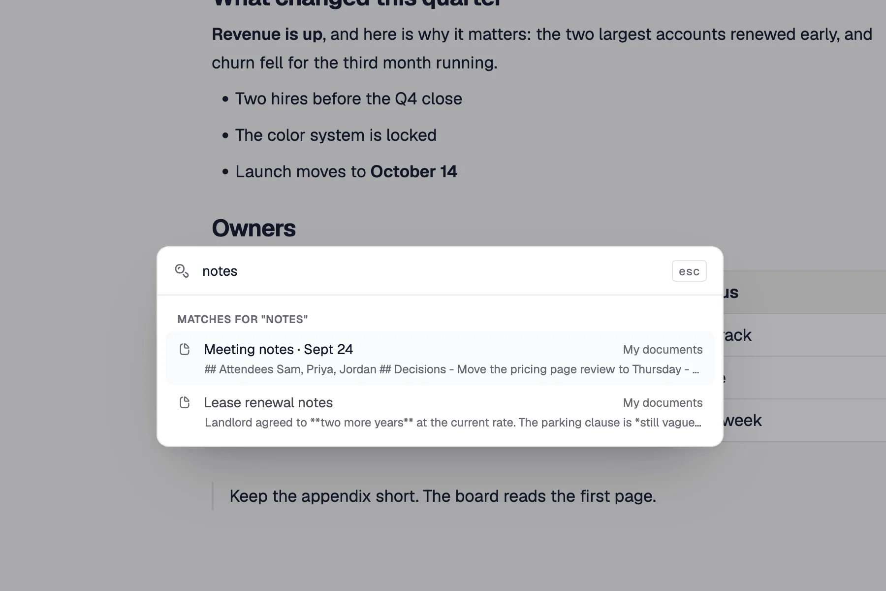 The sweetdocs search palette with matching documents listed under the query.