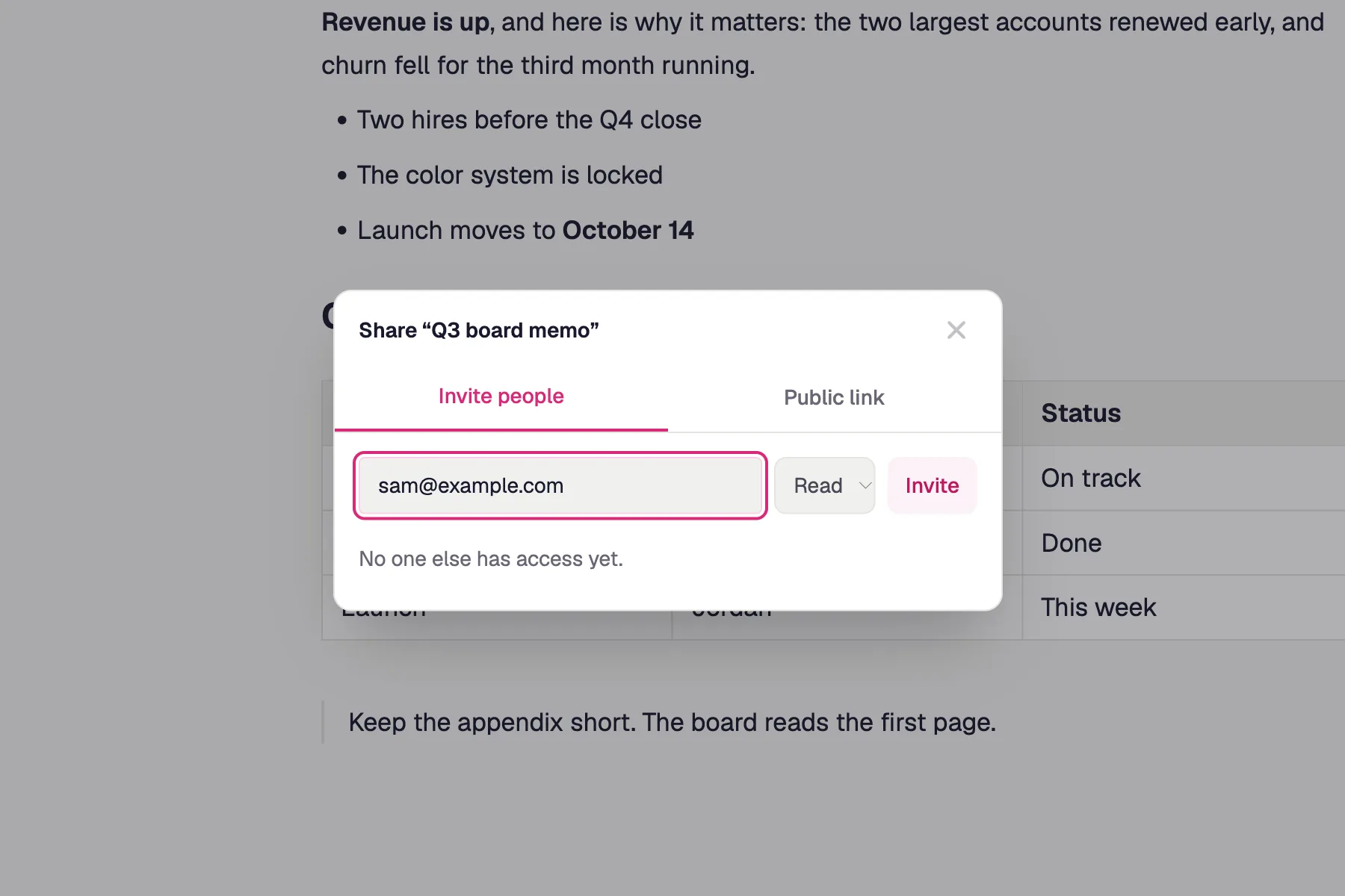 The share dialog inviting a teammate by email with Read access.